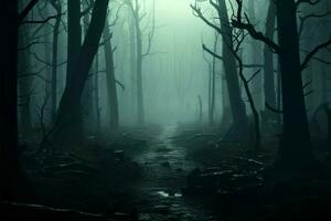 ai generado Siniestro paisaje oscuro bosque envuelto en obsesionado neblina, 3d representación foto
