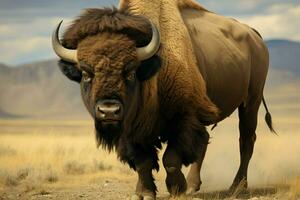 ai generado grandioso americano bisonte, un majestuoso herbívoro, deambula libremente con imponente fuerza y Resiliencia foto