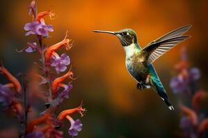 ai generado floral danza colibríes retrato adornado con vibrante, floreciente flores foto