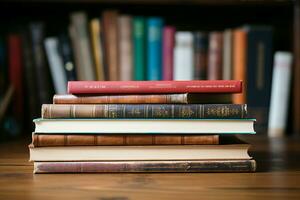 AI generated Bookish delight a stack of books arranged on a wooden table photo