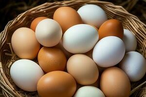 ai generado abundante granja fresca huevos anidado en Respetuoso del medio ambiente Paja cesta, sano comestibles foto