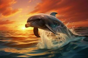 AI generated Oceanic tranquility dolphins dance in the sky, symbolizing harmony between sea and sky photo