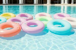 AI generated Pool party vibe Swimming pool adorned with pastel colored floats photo