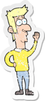 retro distressed sticker of a cartoon man waving png