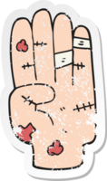 retro distressed sticker of a cartoon injured hand png