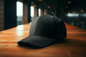 AI generated Casual elegance portrayed as a black baseball cap sits neatly on the table photo