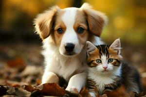 AI generated Adorable team a kitty and puppy unite in play, showcasing irresistible cuteness photo