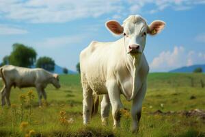 AI generated Meadow serenity a white cow gazes in a lush green field photo