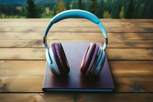 AI generated Notepad and headphones set the stage for an audio book photo