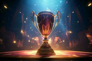 AI generated Victory spotlight an e sports trophy proudly stands tall, celebrating gaming achievement photo