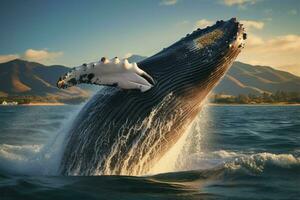 ai generado oceánico ballet un ballenas espectacular saltar encanta el abierto mar foto