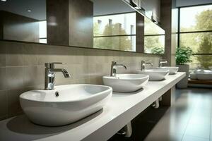 AI generated Modern public bathroom with white ceramic wash sink basins and mirror photo