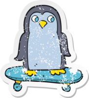 retro distressed sticker of a cartoon penguin riding skateboard png
