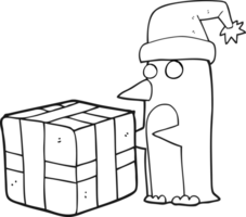 black and white cartoon christmas penguin with present png