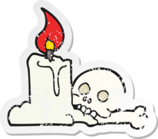 retro distressed sticker of a cartoon spooky skull and candle png