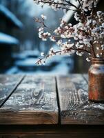 AI generated Empty wooden table against a blurred winter landscape. Village in the mountains. Copy space. Vertical format. photo