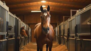 AI generated A brown horse stands in a wooden stable. Horses in the stalls. Photo for a banner or poster.