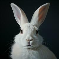 AI generated Portrait of a white rabbit on a dark background. Easter symbol. Copy space. Place for text. photo