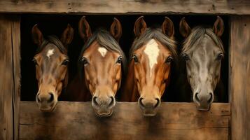 AI generated Four horses lean out of a wooden stall. A stable or ranch with horses. Horizontal format. photo