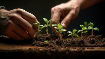 AI generated Microgreen sprouts in the ground. Hands take care of the plants. Macro photography. Garden banner. Horizontal format. Studio light. photo