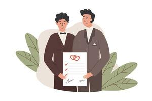 A cute male couple in suit holding signed marriage certificate. Happy married gay men with prenup document. Newlywed LGBTQ husbands. Romantic same sex marriage of love partners. Vector illustration.