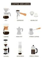 Infographic vertical poster with different types of coffee brewing methods. Set of various devices and coffee makers. Wall art modern minimalistic style print. Vector flat illustration.