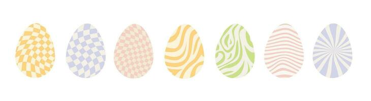 Set of decorated Easter eggs with retro groovy trippy patterns in 60s 70s style. Groovy hippie Happy Easter with distorted psychedelic design. Vector illustration isolated on white background.