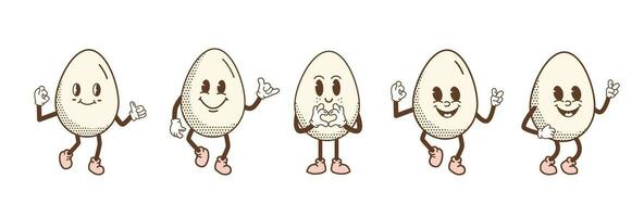 Retro cartoon smiling egg mascot character walking jumping and standing. Retro Easter Egg with halftone pattern with different face emotions. Vector illustration for t-shirt print or poster design.