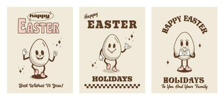 Set of Happy Easter holiday greeting card, flyer or poster in vintage hippie style. Funky retro Easter Egg cartoon characters. Quirky outline mascot comic caricature. Vector illustration.