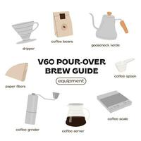 How to make pour over coffee brew guide infographic square post template. Set of V60 drip coffee tools and ingredient banner. Manual alternative coffee trendy poster or card. Vector flat illustration.