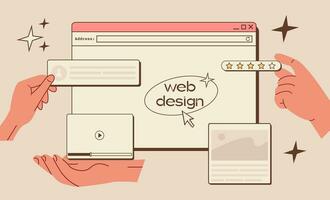 Web UI UX design. Web design concept banner in retro style. Studio prototyping or coding web page or mobile app. Online application design, coding, programming and web building. Vector illustration.