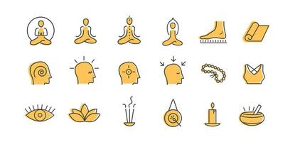 Yoga vector set. Outline colored icon collection for yoga studio, buddhist retreat, spiritual practice or Vipassana meditation. Sadhu board. Head with different mental state.