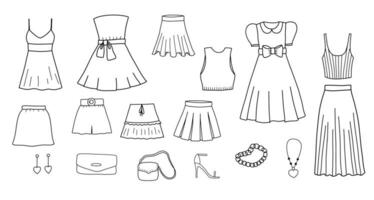 Line sketch of short dress, skirt and shoes for girl. Doodle female clothes set. vector
