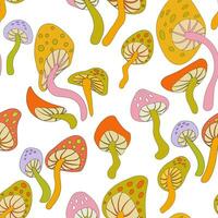 Psychedelic trippy seamless pattern with mushrooms. Hippie 60s mushroom cannabis endless pattern on white background vector