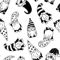 Seamless vector monochrome pattern with garden gnomes, funny illustrations on white background.