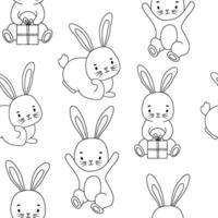 Seamless line monochrome pattern with cute bunny character. Funny rabbit on white background vector