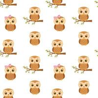 Seamless vector pattern with cute baby owl on tree. Hand drawn character forest bird isolated on white background. Woodland pattern for children and newborn fabric.