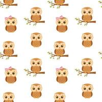 Seamless vector pattern with cute baby owl on tree. Hand drawn character forest bird isolated on white background. Woodland pattern for children and newborn fabric.