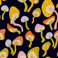 Psychedelic trippy seamless pattern with mushrooms. Trippy 60s mushroom cannabis endless pattern on dark background vector