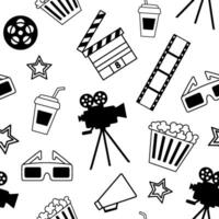 Seamless pattern with cinema objects. Camera, popcorn, film and glasses. Monochrome black and white background. vector