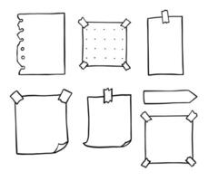 Paper sheet doodle. Paper note sketch set. Hand drawn sticky paper note sheet for message changed on wall with scotch tape. vector