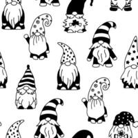 Seamless vector monochrome pattern with garden gnomes, funny illustrations on white background.