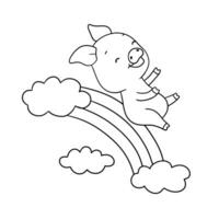 Cute outline piglet character on rainbow. Hand drawn illustration isolated on white background. Funny Farm animal for coloring book vector