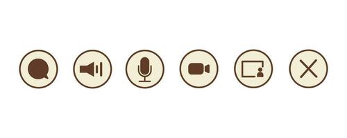 Video or audio call outline color icons for application. Send message, speaker, microphone, video conference, share screen and end call button. Aesthetic retro computer interface. Vector illustration.