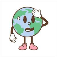 Earth character in trendy retro cartoon style. Unhappy globe icon feeling hot. Vintage planet mascot trendy sticker. Environmental global warming eco concept. Vector flat illustration.