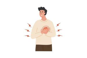 Young man with heart pain touching his chest. Cardiac Distress. A person experiencing a heart attack. Vector illustration isolated on white background.