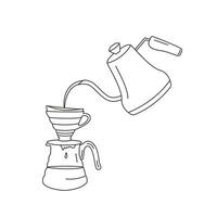 Pour over drip coffee artwork. Manual alternative coffee brewing technique and method. Hand drawn vector illustration isolated on background.