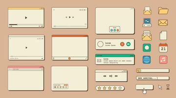 Big set of retro vaporwave desktop browser and dialog window templates. 80s 90s old computer user interface elements and vintage aesthetic icons. Nostalgic retro operating system. Vector illustration.