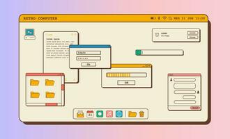 Clásico estético computadora escritorio página con surgir cajas onda de vapor navegador y diálogo ventanas Años 80 90s antiguo estilo usuario interfaz. nostálgico retro operando sistema. vector plano ilustración.