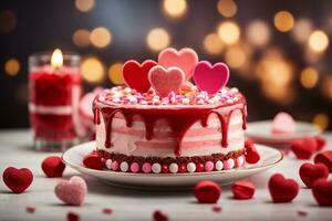 AI generated Valentine's day cake with hearts and candies on a background with bokeh photo